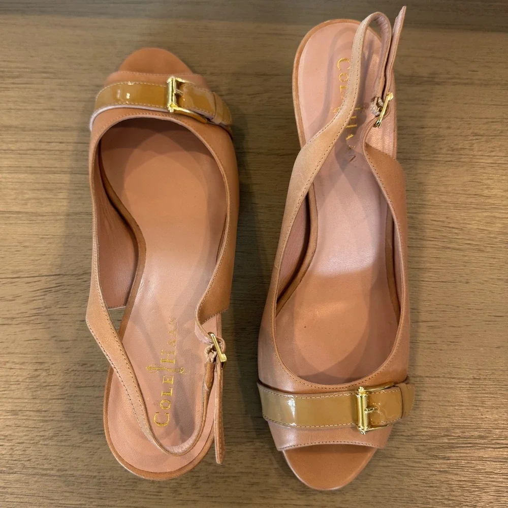 Cole Haan Women 10 B Beige Leather Slingback Peep Toe Kitten Heel Comfort Career